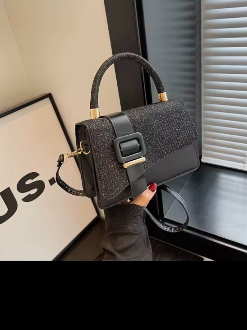 Elegant Black Glitter Satchel with Top Handle